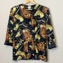 Vintage 80s Silk Jacket Top Equestrian Horse Print size M Robert Stock Lmtd