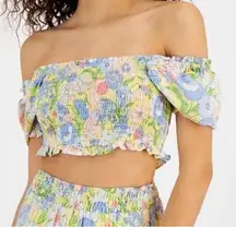 Chic Yellow Floral Adjustable Puff Shoulder Smocked Crop Top - Women’s Medium