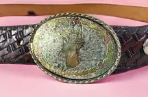 Vintage Leather Belt 49" Brown Elk Buckle Womens Cowboy Cowgirl Western USA‎