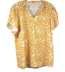 Women's Size Large Chiffon Blouse Yellow Floral Boho V Neck Pleated Cap Sleeve