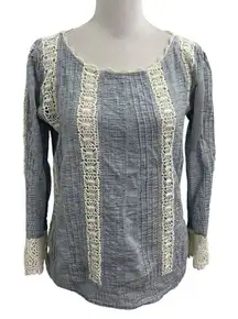 Sundance Embroidered Crochet Lace Boho Feminine Top Blouse Blue White size Small