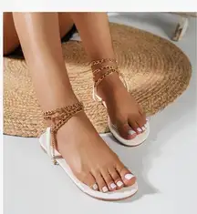 Greek Goddess White Clear Open Toe Gold Chain Lace Up Sandals US 12 / 12.5