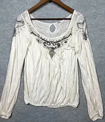 Free People Yummy Slub Ivory Beaded Embellished Women's Shirt XS Boho