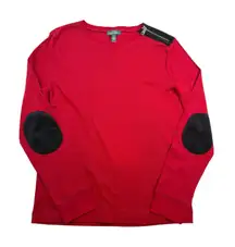 Lauren Ralph Lauren Red Ribbed Crewneck Sweatshirt Suede Elbow Patches Zipper