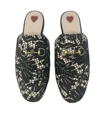 Gucci Princetown Horsebit Mules Leather Lace Overlay Black Tan Size 37