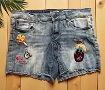 INDIGO REIN Distressed Denim Jean Shorts w/ Fun Patches – Size 11 Juniors