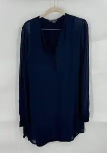 Vince Dress Women Small Navy 100% Silk Long Sleeve Short V Neck Minimalist