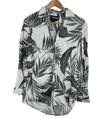 Tahari Black/Ivory Floral Tropical Leaf Pattern Linen Button up Shirt size S