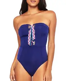 New. Trina Turk navy bandeau lace front swimsuit. Size 10. Retails $149