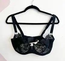 Felina Sheer Lace Bra 38DD Underwire Floral Embroidered Mesh Lingerie Black
