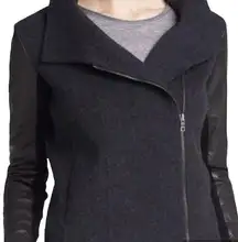 VINCE Funnel Neck Jacket Knit Wool Leather Sleeves in Charcoal Black XS Moto