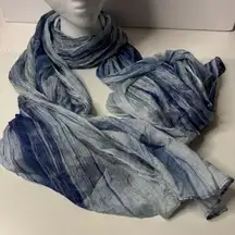 LUA Hand-dyed Pleated‎ Silk Oblong Scarf Blue Ocean Waves Art to Wear Crinkle