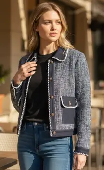 NWT Tweed Jacket with Contrast Denim  Trim Button Up Jacket Blazer Medium