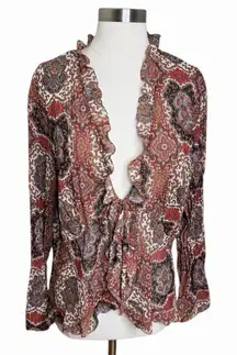 VTG Notations Blouse XL Geometric Shimmer Sheer Tie Front Ruffle Y2k Whimsical