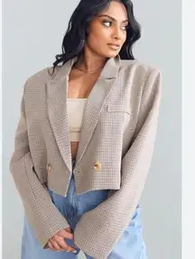 PrettyLittleThing Plus Brown Dogtooth Double Breasted Cropped Blazer NWT 18