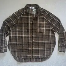 Women’s  Brown Navy Plaid Flannel Shirt Jacket Oversized Shacket Sz S