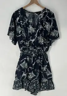 Gigio Lightweight Floral Print Navy‎ V-Neck Ruffle Trim Elastic Waist Romper M