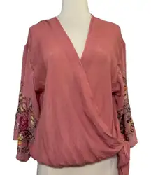 Chic coral Wrap Blouse with Embroidered Sleeves