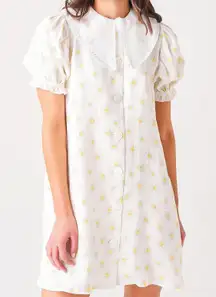 Daisy Print Button Down Collared Linen Dress + Scarf Set