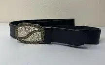 CRUMRINE Western Etched Design Heavy Silver Plated Belt Buckle Black Cowhide