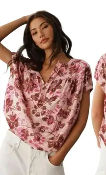 Pilcro Anthropologie Top Pink Combo Floral Ruched Henley Tee Size Small