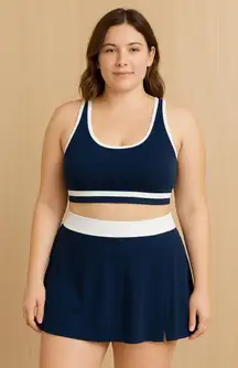 Womens Swim Set Size L Navy White Stripe Skirt Preppy‎ Sporty Coastal Athletic