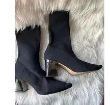 ZARA Chic Black Knit Sock Heels with Metallic Block Heel