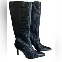 BP Black Leather Stiletto Calf-High Tall Boots with Square Toes and Ruching - by