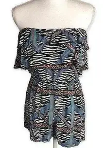 RT Zebra Print Retro Tribal Strapless Layered Frilly Romper