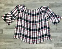 Crown & Ivy Pink Blue Plaid 3/4 Sleeve Top On Or Off Shoulder J45