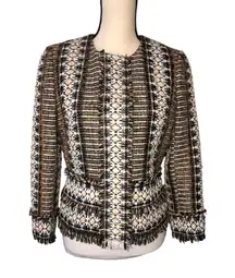 Tory Burch Jessica Tweed Jacket Size 6 Blazer Hidden Snaps Fringe Brown Black