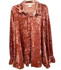 By Together Women's Size M‎ Velvet Pink Top Grannycore Y2K Long Sleeve Button Up