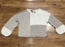 Blu Pepper Womens Small Colorblock Mixed Knit‎ Crop Sweater Ivory Taupe Tie Back