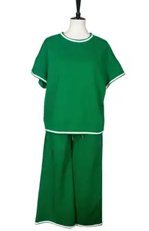 Fashion 2 Piece Set Top Wide Leg Crop Pant Kelly Green White Trim Women’s Size M
