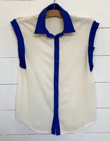Sisley Sleeveless Cream Contrast Blue Trim‎ Button Dressy Y2K Top - XS