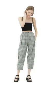 BDG Sutton Pleated Plaid Barrel Leg Tapered Trousers Pants Gray Green Size XS