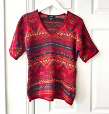 Chaps Denim Vintage Red Aztec Southwestern V Neck Cotton Blend Sweater Medium