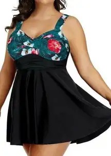 Chama Plus Size Flowy Swimdress Retro Printed Swimsuit Empire Waist Tankini