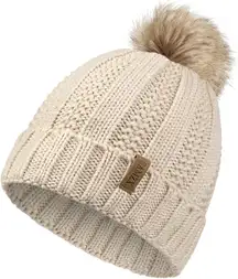 Womens Winter Hat Thick Cable Knit Warm Beanie for Women with Faux Fur Pom Hat