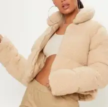 Prettylittething cream beige cropped Sherpa Stone Borg Puffer jacket