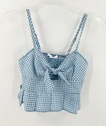 Kirious Blue Gingham Cotton Blend Tie Front Peplum Hem Cropped Top Size Small