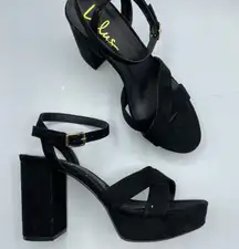Lulus Black Faux Suede Chunky Heel Platform Heels Womens 8.5 Y2K 90s Peep Toe