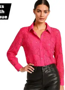 Saks Fifth Avenue Womens Pink Lace Sheer size L Long Sleeve Button Floral Mesh