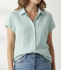 LL Bean Aqua Blue Seersucker Button Up Cap Sleeve Shirt Size XL