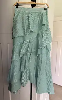 Pearl by Lela Rose Green Ruffle Stripe Asymmetrical Midi Skirt cotton poplin