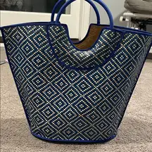 Blue and Cream Geometric Beach Summer Woven Tote Bag NWT