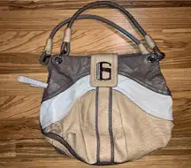 VTG Guess Y2K Big G Logo Baguette Canvas Monogram AOP Faux Croc Leather Purse