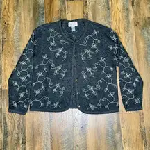 1960s Vintage Tally-ho Embroidered Floral Grey Wool Women’s Button Down Cardigan