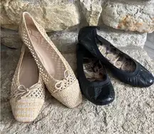 Lot of 2 SAM EDELMAN Ballet Flats - Tan Mesh Rafia, Black Elastic Leather
