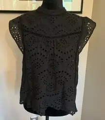 7 For All Mankind short flutter sleeve‎ black eyelet cotton top size medium